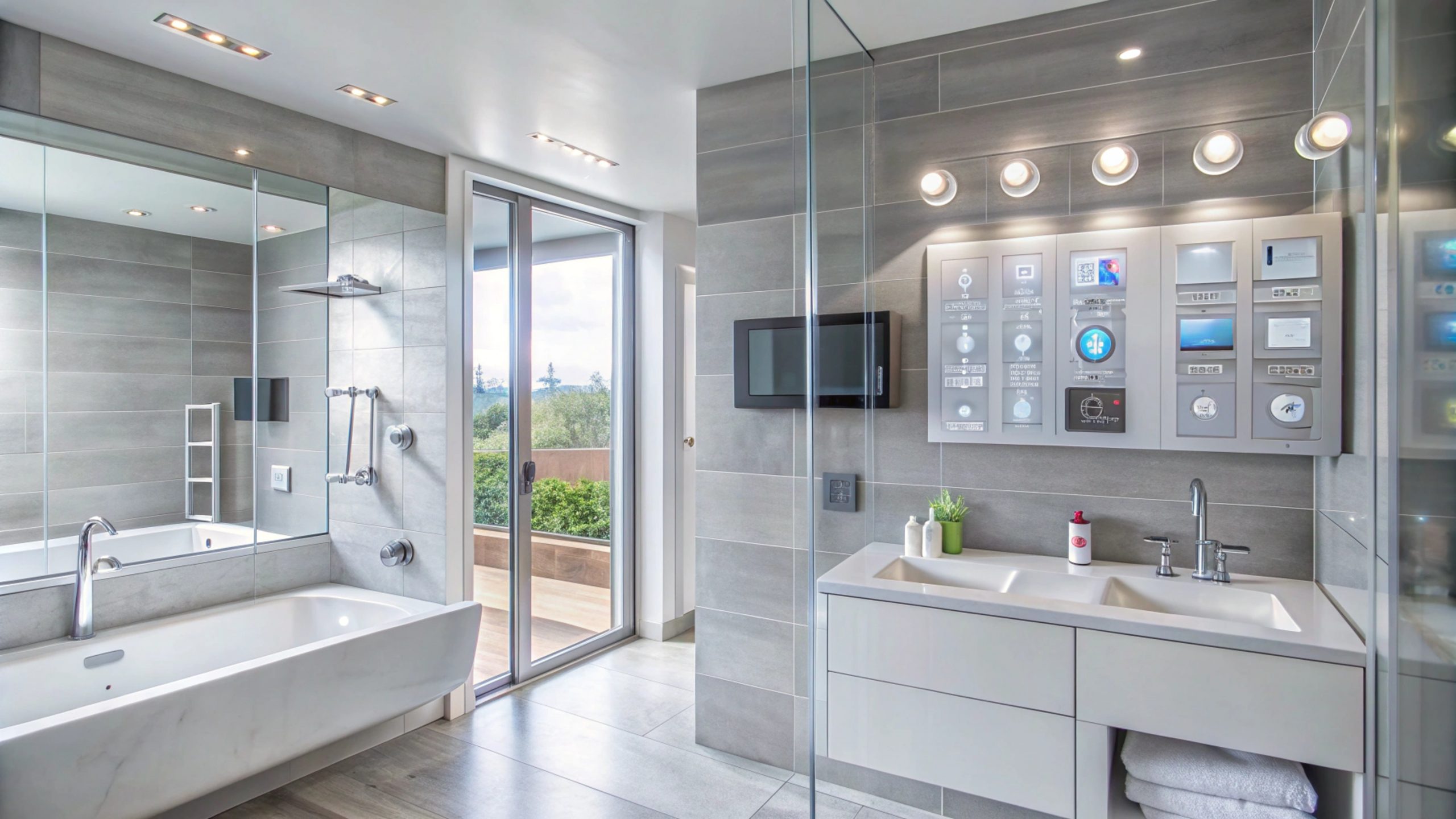 modern bathroom with a bathtub, double sink vanity and smart home technology.